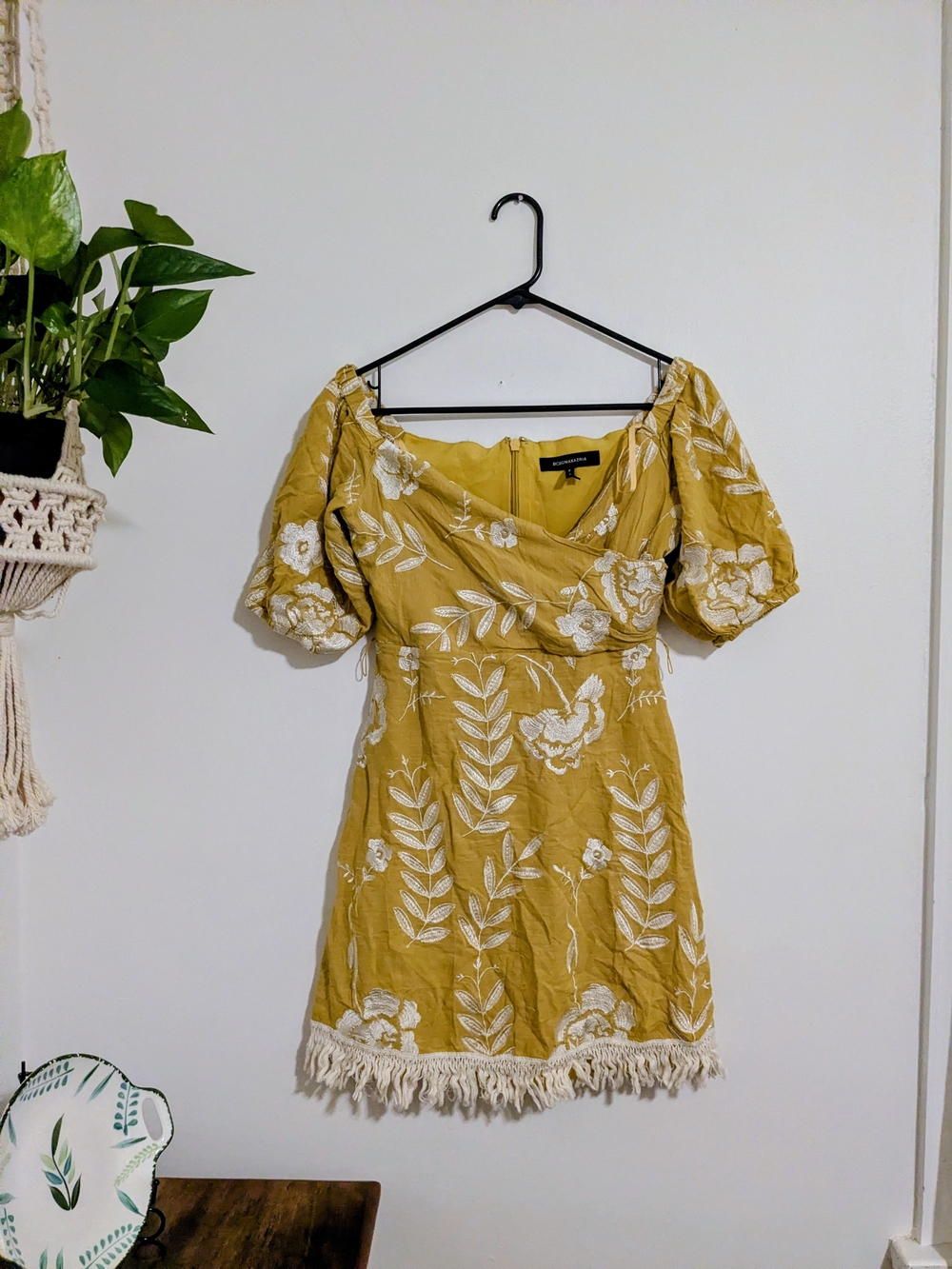 BCBGMAXAZRIA Samantha Embroidered Linen Blend Mini Dress Yellow Size 4